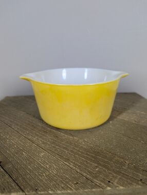 Vintage Pyrex Yellow Mixing Bowl Small Cinderella Style White Interior 473 1qt